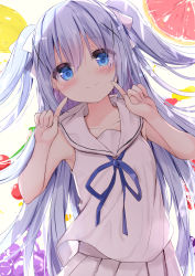 Rule 34 | 1girl, bare arms, bare shoulders, blue eyes, blue hair, blue ribbon, blush, cherry, closed mouth, collarbone, commentary request, food, fruit, gochuumon wa usagi desu ka?, hair between eyes, hands up, highres, index finger raised, kafuu chino, kouda suzu, leaning to the side, long hair, neck ribbon, pleated skirt, ribbon, sailor collar, school uniform, serafuku, shirt, skirt, sleeveless, sleeveless shirt, smile, solo, two side up, very long hair, white background, white sailor collar, white serafuku, white shirt, white skirt