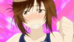 Rule 34 | 1girl, animated, animated gif, anime screenshot, blush, bouncing, bouncing breasts, breasts, brown eyes, brown hair, competition swimsuit, female focus, kenkou zenrakei suieibu umishou, lowres, one-piece swimsuit, pink background, shizuoka mirei, solo, swimsuit