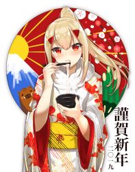 Rule 34 | 1girl, 2019, absurdres, ayanami (azur lane), azur lane, blonde hair, blush, bowl, chinese zodiac, chopsticks, commentary request, cowboy shot, eating, floral print, food, fur collar, furisode, hair ornament, hairclip, highres, holding, holding chopsticks, japanese clothes, kimono, long hair, looking at viewer, mochi, mountain, nengajou, new year, obi, pig, ponytail, red eyes, sash, solo, standing, wide sleeves, yamanokami eaka, year of the pig, zouni soup
