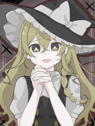 Rule 34 | 1girl, absurdres, blonde hair, bow, braid, dress, hair bow, hair over shoulder, hat, hat ribbon, highres, kirisame marisa, long hair, looking at viewer, open mouth, own hands clasped, own hands together, pinafore dress, puffy short sleeves, puffy sleeves, ribbon, short sleeves, side braid, sleeveless dress, smile, solo, sweat, touhou, wavy eyes, witch hat, yamutarou, yellow eyes
