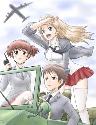 Rule 34 | 3girls, :d, aircraft, airplane, alisa (girls und panzer), arm support, black neckwear, black socks, blazer, blonde hair, blouse, blue eyes, blue sky, brown eyes, brown hair, c-5m super galaxy, closed mouth, cloud, cloudy sky, collared shirt, commentary, day, dress shirt, driving, freckles, girls und panzer, grey jacket, hair intakes, hair ornament, harukai-i, highres, holding, jacket, jeep, kay (girls und panzer), leaning forward, long hair, long sleeves, military, military vehicle, miniskirt, motor vehicle, multiple girls, naomi (girls und panzer), necktie, open clothes, open jacket, open mouth, outdoors, pleated skirt, radio antenna, red skirt, saunders school uniform, school uniform, shading eyes, shirt, short hair, short twintails, sitting, skirt, sky, sleeves rolled up, smile, socks, standing, star (symbol), star hair ornament, thighhighs, twintails, very short hair, white legwear, white shirt, wind, wing collar