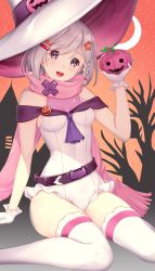Rule 34 | 1girl, absurdres, bare tree, bat ornament, belt, black belt, braid, breasts, building, commentary, crescent moon, frilled leotard, frills, fringe trim, gloves, hair ornament, hairclip, halloween, halloween costume, hat, hataraki kuma, head tilt, highres, holding, jack-o&#039;-lantern ornament, leotard, looking at viewer, mole, mole under eye, moon, night, night sky, off-shoulder leotard, open mouth, original, pink scarf, purple eyes, red sky, scarf, short hair, silhouette, silver hair, single horizontal stripe, sitting, sky, small breasts, smile, solo, star (sky), star (symbol), star hair ornament, starry sky, swept bangs, thighhighs, tree, wariza, white gloves, white hat, white leotard, white thighhighs, witch hat
