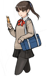 Rule 34 | bag, black pantyhose, blouse, bow, bowtie, cellphone, collared shirt, hito, miniskirt, pantyhose, phone, ponytail, red bow, red bowtie, school uniform, shirt, shoulder bag, simple background, skirt, solo, sweater, white background, white shirt