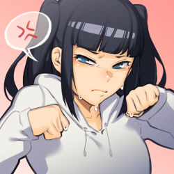 Rule 34 | 1girl, anger vein, black hair, blue eyes, closed mouth, copyright request, crying, dyun, gradient background, hands up, hood, hoodie, long sleeves, looking at viewer, paw pose, pink background, solo, spoken anger vein, tears, twintails, upper body, white hoodie