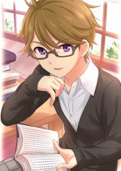 Rule 34 | 1boy, aikatsu! (series), aikatsu stars!, book, book stack, brown hair, collared shirt, commentary request, day, highres, holding, holding book, igarashi nozomu, indoors, long sleeves, looking at viewer, male focus, open book, parted lips, purple eyes, sekina, shirt, sitting, sleeves past wrists, smile, solo, white shirt, window, wing collar