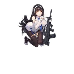 Rule 34 | 1girl, accessories, ankle ribbon, assault rifle, between breasts, black hair, black pantyhose, breast press, breasts, brown eyes, bullpup, covered erect nipples, dress, eating hair, eyebrows, flats, flower, full body, girls&#039; frontline, gloves, gun, hair flower, hair ornament, hairband, holding, holding gun, holding weapon, impossible clothes, kishiyo, large breasts, leg ribbon, long hair, looking at viewer, necktie, official art, pantyhose, qbz-95, ribbon, rifle, shoes, simple background, solo, squatting, symbol, torn clothes, torn pantyhose, type 95 (girls&#039; frontline), very long hair, watermark, weapon, white background, white dress, white gloves, white hairband