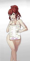 Rule 34 | 1girl, anna (fire emblem), bisexual, bisexual female, breasts, covering privates, covering breasts, curvy, female focus, fire emblem, large breasts, looking at viewer, nintendo, nude, ponytail, prostitution, red eyes, red hair, solo, thigh gap, tongue, tongue out, wide hips