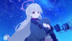 Rule 34 | 1girl, animated, black coat, blue archive, coat, comet, halo, hat, highres, holding, holding clothes, holding hat, light blush, long hair, looking at viewer, nodoka (blue archive), official art, purple eyes, screencap, shirt, tagme, telescope, video, video, white hair, white shirt