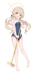 Rule 34 | 1girl, absurdres, bare arms, bare legs, bare shoulders, barefoot, blue archive, blue one-piece swimsuit, broom, commentary request, full body, hair ornament, halo, hifumi (blue archive), highres, light brown hair, long hair, looking at viewer, low twintails, one-piece swimsuit, open mouth, school swimsuit, solo, swimsuit, twintails, white background, yellow eyes, yoi0341