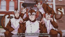 Rule 34 | 5boys, ahoge, animal costume, animification, artist name, bloodhound gang, blurry, blurry background, commentary, dmitry grozov, english text, highres, large ears, looking at viewer, monkey costume, multiple boys, outdoors, russian commentary, sitting, smile, tail