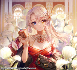 Rule 34 | 1girl, apple caramel, bag, bare shoulders, blue eyes, character request, closed mouth, commentary request, copyright notice, dice, dress, flower, game of dice, grey hair, hair between eyes, hair ornament, hand up, head tilt, heterochromia, holding, holding bag, long hair, long sleeves, off-shoulder dress, off shoulder, official art, parted bangs, red dress, short sleeves, smile, solo, upper body, white flower, wide sleeves, yellow eyes