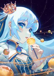 Rule 34 | 1girl, absurdres, blue bow, blue eyes, blue hair, bow, breasts, brooch, candy, crown, fluffycatfish, food, hair ornament, highres, hololive, hoshimachi suisei, hoshimachi suisei (stellar into the galaxy), jewelry, lollipop, small breasts, solar system, star (symbol), star hair ornament