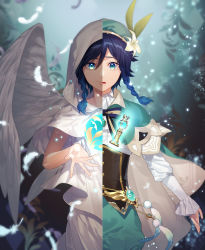 Rule 34 | 1boy, absurdres, black hair, blue eyes, blue hair, blurry, blurry background, blush, braid, cape, cloak, closed eyes, feathered wings, feathers, flower, frilled sleeves, frills, gem, genshin impact, gnosis (genshin impact), gradient hair, green hat, hair between eyes, hair flower, hair ornament, hat, highres, hood, hood up, hooded cloak, huge filesize, leaf, long sleeves, looking at viewer, male focus, multicolored hair, open mouth, ribbon, smile, solo, split, split image, split screen, split theme, twin braids, ujou, venti (archon) (genshin impact), venti (genshin impact), vision (genshin impact), white cloak, wings