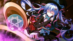 Rule 34 | 1girl, blue hair, bow, dress, elbow gloves, closed eyes, game cg, gloves, hair ornament, hat, highres, long hair, luluna, magical marriage lunatics!!, moonstone, ribbon, staff, twintails, witch hat, yamakaze ran