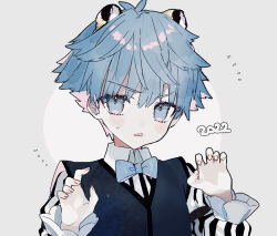 Rule 34 | 1boy, 2022, animal ears, antenna hair, black shirt, blue bow, blue bowtie, blue eyes, blue hair, blue vest, blush, border, bow, bowtie, chinese zodiac, claw pose, collared shirt, colored inner hair, commentary, fang, fate/extra, fate/extra ccc, fate/grand order, fate (series), grey border, hair between eyes, hands up, hans christian andersen (fate), looking at viewer, male focus, multicolored hair, open mouth, outside border, pink hair, pith u, round border, shirt, short hair, skin fang, solo, striped clothes, striped shirt, tiger ears, two-tone shirt, upper body, vertical-striped clothes, vertical-striped shirt, vest, white background, white shirt, year of the tiger