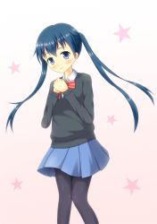 Rule 34 | 1girl, black pantyhose, black sweater, blue eyes, blue hair, blue skirt, bow, bowtie, closed mouth, collared shirt, commentary request, flat chest, gradient background, highres, kin-iro mosaic, komichi aya, kurumi take, long hair, long sleeves, looking at viewer, own hands together, pantyhose, pink bow, pink bowtie, pleated skirt, school uniform, shirt, skirt, smile, solo, standing, star (symbol), starry background, striped bow, striped bowtie, striped clothes, striped neckwear, sweater, twintails, two-tone background, white shirt, wing collar