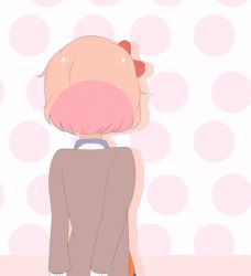 Rule 34 | 1girl, animated, animated gif, artist name, blazer, blue eyes, blue footwear, blue skirt, bow, chocomiru, closed mouth, doki doki literature club, hair bow, jacket, light brown hair, looking at viewer, mary janes, open clothes, open jacket, open mouth, pink hair, red bow, sayori (doki doki literature club), school uniform, shoes, skirt, smile, socks, solo
