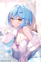 Rule 34 | 1girl, blue hair, breasts, cleavage, hair between eyes, hair ornament, hairclip, highres, hololive, hong (white spider), large breasts, looking at viewer, patreon username, pointy ears, short hair, solo, virtual youtuber, yellow eyes, yukihana lamy
