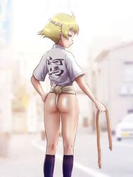 Rule 34 | 1girl, absurdres, ass, blonde hair, blush, brown eyes, closed mouth, erwin (girls und panzer), fundoshi, girls und panzer, hand on own hip, highres, hiyama yuu (wee259hiyama), holding, holding rope, japanese clothes, looking at viewer, mizu happi, outdoors, rope, shiny skin, short hair, solo, standing