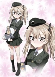 Rule 34 | 1girl, bandages, beret, black footwear, black headwear, black jacket, black neckwear, black ribbon, black skirt, boko (girls und panzer), boots, brown eyes, closed mouth, cross-laced footwear, dress shirt, emblem, floral background, girls und panzer, hair ribbon, hat, highres, holding, holding stuffed toy, jacket, japanese tankery league (emblem), lace-up boots, light brown hair, light frown, long hair, long sleeves, looking at viewer, military, military hat, military uniform, miniskirt, multiple views, nakahira guy, necktie, one side up, pleated skirt, ribbon, selection university military uniform, shimada arisu, shirt, skirt, smile, standing, stuffed animal, stuffed toy, teddy bear, uniform, white shirt, zoom layer