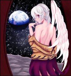Rule 34 | 1girl, angel wings, back, braid, brown jacket, clothes pull, cowboy shot, dress, dress pull, earth (planet), finger to mouth, fingernails, french braid, from behind, highres, indoors, jacket, kishin sagume, lips, looking at viewer, looking back, moon, no bra, on moon, planet, purple dress, red eyes, sh1 (shanghaidoll), short hair, silver hair, single wing, solo, space, thighs, topless, touhou, undressing, wings