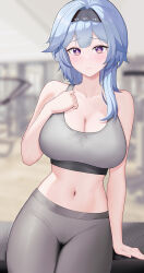 Rule 34 | 1girl, absurdres, alternate costume, arm support, black hairband, blue hair, blurry, blurry background, blush, breasts, cameltoe, cleavage, closed mouth, collarbone, cowboy shot, eula (genshin impact), genshin impact, grey sports bra, gym, hairband, hand on own chest, highres, large breasts, looking at viewer, navel, pants, purple eyes, solo, sports bra, stomach, straight-on, sweat, sweat stain, sweaty clothes, uka (315302627), yoga pants