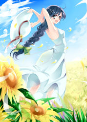 Rule 34 | 1girl, :d, absurdres, ahoge, arms behind head, arms up, bad id, bad nicoseiga id, blue eyes, blue hair, blush, bow, braid, braided ponytail, cloud, day, dress, field, flower, flower field, from behind, hair bow, hat, unworn hat, unworn headwear, highres, holding, holding clothes, holding hat, kurabayashi, long hair, looking at viewer, looking back, matching hair/eyes, open mouth, original, petals, single braid, sky, smile, solo, sun hat, sundress, sunflower, sunflower field