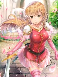 Rule 34 | 1girl, armor, blonde hair, brown eyes, cherry blossoms, collarbone, elbow gloves, fire emblem, fire emblem: genealogy of the holy war, floating hair, gloves, haru (nakajou-28), holding, holding sword, holding weapon, lachesis (fire emblem), long hair, looking at viewer, miniskirt, nintendo, outdoors, pauldrons, pink gloves, pink skirt, pink thighhighs, sheath, shoulder armor, skirt, smile, solo, standing, sword, thighhighs, unsheathed, very long hair, weapon, zettai ryouiki