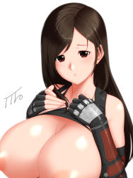 Rule 34 | 1girl, blush, breasts, breasts out, brown eyes, brown hair, elbow gloves, embarrassed, final fantasy, final fantasy vii, final fantasy vii remake, gloves, huge breasts, long hair, looking at viewer, open clothes, open mouth, parted bangs, shiny skin, solo, tifa lockhart, tro (trombe), upper body