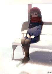 Rule 34 | 1girl, bench, black pantyhose, blue jacket, blush, buttons, commentary, covered mouth, footprints, green eyes, green hair, hair between eyes, jacket, legs together, long sleeves, necktie, original, pantyhose, pencil skirt, red scarf, rheez, scarf, scarf over mouth, shoes, signature, simple background, sitting, skirt, snow, solo, white background