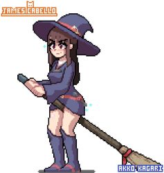 Rule 34 | 1girl, animated, animated gif, boots, broom, broom riding, brown hair, crotch rub, dress, female masturbation, hat, highres, holding, holding broom, james cabello, kagari atsuko, little witch academia, long hair, masturbation, pixel art, red eyes, sidelocks, solo, standing, witch hat