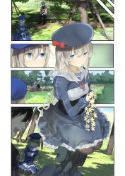 Rule 34 | 2boys, 2girls, :d, absurdres, araido kagiri, bench, beret, black legwear, blue dress, blue eyes, blue headwear, book, bow, comic, day, dress, flower, grass, hat, heart, highres, holding, holding book, holding flower, jacket, juliet sleeves, long hair, long sleeves, looking at another, looking at viewer, mr.monster (araido kagiri), multiple boys, multiple girls, open clothes, open jacket, open mouth, original, outdoors, pantyhose, park, park bench, path, puffy sleeves, reading, red bow, road, seiza, short hair, silent comic, silver hair, sitting, smile, sunlight, tree, very long hair, wavy hair, white flower