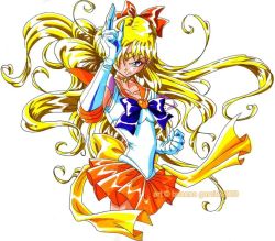 Rule 34 | 1990s (style), aino minako, bishoujo senshi sailor moon, blonde hair, blue eyes, choker, earrings, jewelry, leotard, miniskirt, retro artstyle, ribbon, sailor venus, skirt, solo, tiara, watermark