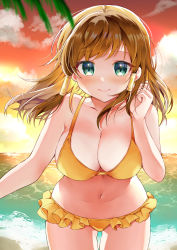 Rule 34 | 1girl, absurdres, bare shoulders, bikini, blurry, breasts, brown hair, cleavage, closed mouth, collarbone, commission, depth of field, evening, frilled bikini, frills, green eyes, hair tubes, highres, horns, large breasts, long hair, looking at viewer, navel, ocean, orange hair, original, outdoors, palm leaf, skeb commission, smile, solo, standing, swimsuit, yam (yamap mako)