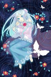 Rule 34 | bad id, bad pixiv id, barefoot, blue eyes, blue hair, bug, butterfly, dress, flower, inase, insect, long hair, original, solo, water