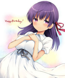 Rule 34 | 1girl, blush, breasts, dress, fate/stay night, fate (series), hair ribbon, hands on own chest, happy birthday, long hair, looking at viewer, marimo danshaku, matou sakura, official alternate costume, purple eyes, purple hair, red ribbon, ribbon, short sleeves, smile, solo, white dress