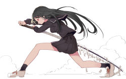 Rule 34 | 1girl, bandages, black hair, black sailor collar, black serafuku, black shirt, black skirt, black socks, breasts, closed mouth, commentary, full body, highres, holding, holding sword, holding weapon, katana, long hair, long sleeves, looking away, medium breasts, mieharu, original, pleated skirt, profile, red eyes, sailor collar, school uniform, serafuku, shirt, shoes, skirt, socks, solo, standing, sword, very long hair, weapon, white background, white footwear