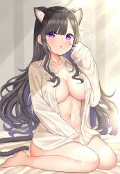 Rule 34 | 1girl, :o, animal ears, bare legs, barefoot, black hair, breasts, cat ears, cat girl, cat tail, cleavage, collarbone, extra ears, highres, large breasts, long hair, long sleeves, looking at viewer, mizukoshi (marumi), naked shirt, navel, open clothes, open shirt, original, parted lips, purple eyes, shirt, sidelocks, sitting, solo, stomach, tail, very long hair, white shirt