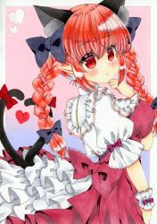 Rule 34 | 1girl, alternate costume, animal ear fluff, animal ears, black bow, blue background, border, bow, braid, breasts, cat ears, closed mouth, cowboy shot, extra ears, frills, from side, gradient background, hair bow, heart, heart tail, kaenbyou rin, large breasts, long hair, looking at viewer, maid, marker (medium), multicolored background, multiple bows, multiple tails, nekomata, pink background, pointy ears, red bow, red eyes, red hair, side braids, solo, tail, touhou, traditional media, twin braids, two tails, white border, wrist cuffs, zenra1112