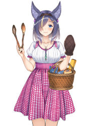 Rule 34 | 1girl, aldehyde, animal ear fluff, animal ears, bad id, bad pixiv id, basket, blonde hair, blue eyes, blue hair, blush, breasts, brown hairband, clamps, closed mouth, collarbone, commentary request, gingham, gingham skirt, hair over one eye, hairband, high-waist skirt, highres, jewelry, looking at viewer, medium breasts, multicolored hair, original, oven mitts, pendant, pleated skirt, puffy short sleeves, puffy sleeves, shirt, short sleeves, simple background, skirt, smile, solo, standing, streaked hair, virtual youtuber, white background, white shirt