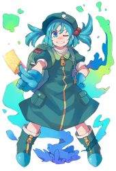 Rule 34 | 1girl, ;d, anarogumaaa, backpack, bag, between fingers, blue eyes, blue footwear, blue gloves, blue hair, blush, boots, card, dress, full body, gloves, green dress, grin, hair bobbles, hair ornament, hand on own hip, hat, holding, holding card, jewelry, kawashiro nitori, key, key necklace, necklace, nose blush, one eye closed, open mouth, pocket, puffy short sleeves, puffy sleeves, rubber boots, short sleeves, simple background, smile, solo, spell card, standing, teeth, touhou, two side up, white background, zipper, zipper pull tab