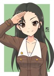 Rule 34 | 1girl, artist name, asymmetrical bangs, black eyes, black hair, border, brown jacket, chi-hatan military uniform, closed mouth, commentary, dated, girls und panzer, green background, highres, jacket, long hair, long sleeves, looking at viewer, military, military uniform, mizoochi, nishi kinuyo, outside border, salute, shirt, signature, smile, solo, star (symbol), straight hair, uniform, upper body, white border, white shirt