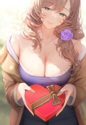Rule 34 | 1girl, blurry, blurry background, blush, bokeh, breasts, brown hair, camisole, candy, chocolate, chocolate heart, depth of field, flower, food, genshin impact, green eyes, hair between eyes, hair flower, hair ornament, heart, highres, jacket, large breasts, light particles, light rays, lisa (genshin impact), long hair, looking at viewer, nekocypher, off shoulder, open clothes, open jacket, purple camisole, shirt, smile, solo, sunlight, upper body, valentine