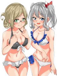 Rule 34 | 2girls, absurdres, bikini, blonde hair, blue eyes, blush, breasts, closed mouth, cowboy shot, glasses, graphite (medium), green eyes, grey hair, highres, kantai collection, kashima (kancolle), katori (kancolle), large breasts, looking at viewer, maonatten, multicolored clothes, multicolored swimsuit, multiple girls, open mouth, ponytail, simple background, swimsuit, traditional media, twintails, white background