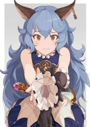 Rule 34 | 1girl, animal ears, black gloves, blue hair, blush, closed mouth, erune, ferry (granblue fantasy), glove spread, gloves, unworn gloves, granblue fantasy, grey background, hair between eyes, hinami (hinatamizu), long hair, looking at viewer, red eyes, simple background, single glove, sleeveless, solo, wavy mouth