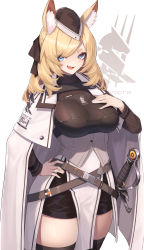 Rule 34 | 1girl, :d, absurdres, animal ear fluff, animal ears, arknights, black shorts, blonde hair, blue eyes, breasts, brown hat, brown sweater, cape, cowboy shot, fang, hand on own chest, hand on own hip, hat, highres, horse ears, large breasts, long hair, long sleeves, looking at viewer, mari0ball, open mouth, short eyebrows, shorts, smile, solo, standing, sweater, sword, thick eyebrows, thighhighs, turtleneck, turtleneck sweater, weapon, whislash (arknights), white cape