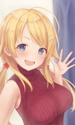 Rule 34 | 1girl, :d, ahoge, bare shoulders, blonde hair, blue eyes, blush, breasts, commentary request, gameso, hachimiya meguru, hair ornament, hairclip, highres, idolmaster, idolmaster shiny colors, large breasts, long hair, low twintails, open mouth, red sweater, ribbed sweater, sleeveless, sleeveless sweater, smile, solo, sweater, turtleneck, turtleneck sweater, twintails, waving