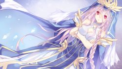 Rule 34 | 10s, 1girl, bare shoulders, blue dress, braid, breasts, cape, cleavage, crossed arms, date a live, dress, dutch angle, emblem, game cg, hat, headpiece, long hair, purple hair, red eyes, solo, sonogami rinne, spoilers, standing, tsunako, twin braids, veil, very long hair