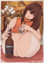 Rule 34 | 1girl, alcohol, blush, bra, breast rest, breasts, breasts on table, brown eyes, brown hair, chichi8181, cleavage, clothes lift, gigantic breasts, glass, glass bottle, highres, lace, lace bra, lingerie, lips, liquor, long hair, original, shirt lift, sleeveless, smile, solo, takanashi akiho, underwear