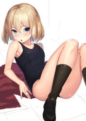 Rule 34 | 10s, 1girl, bare shoulders, black socks, blonde hair, blue eyes, breasts, chestnut mouth, collarbone, commentary, covered navel, fang, girls und panzer, hair between eyes, highres, kagematsuri, katyusha (girls und panzer), loafers, looking at viewer, lying, on back, on floor, one-piece swimsuit, shoes, short hair, small breasts, socks, solo, sweatdrop, swimsuit, tile floor, tiles